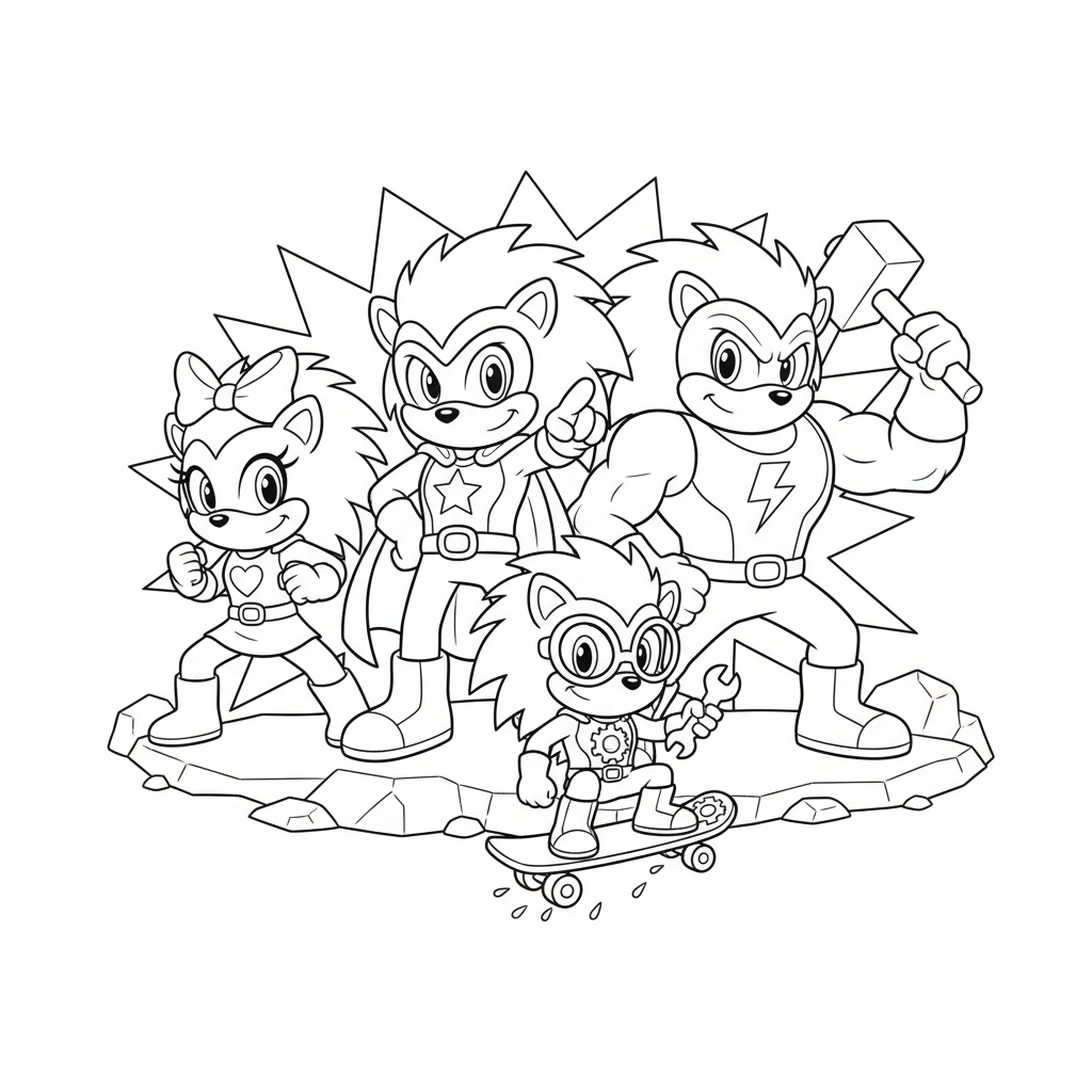Une équipe de héros de dessins animés en forme de hérisson prend la pose ensemble - Coloriage gratuit à imprimer