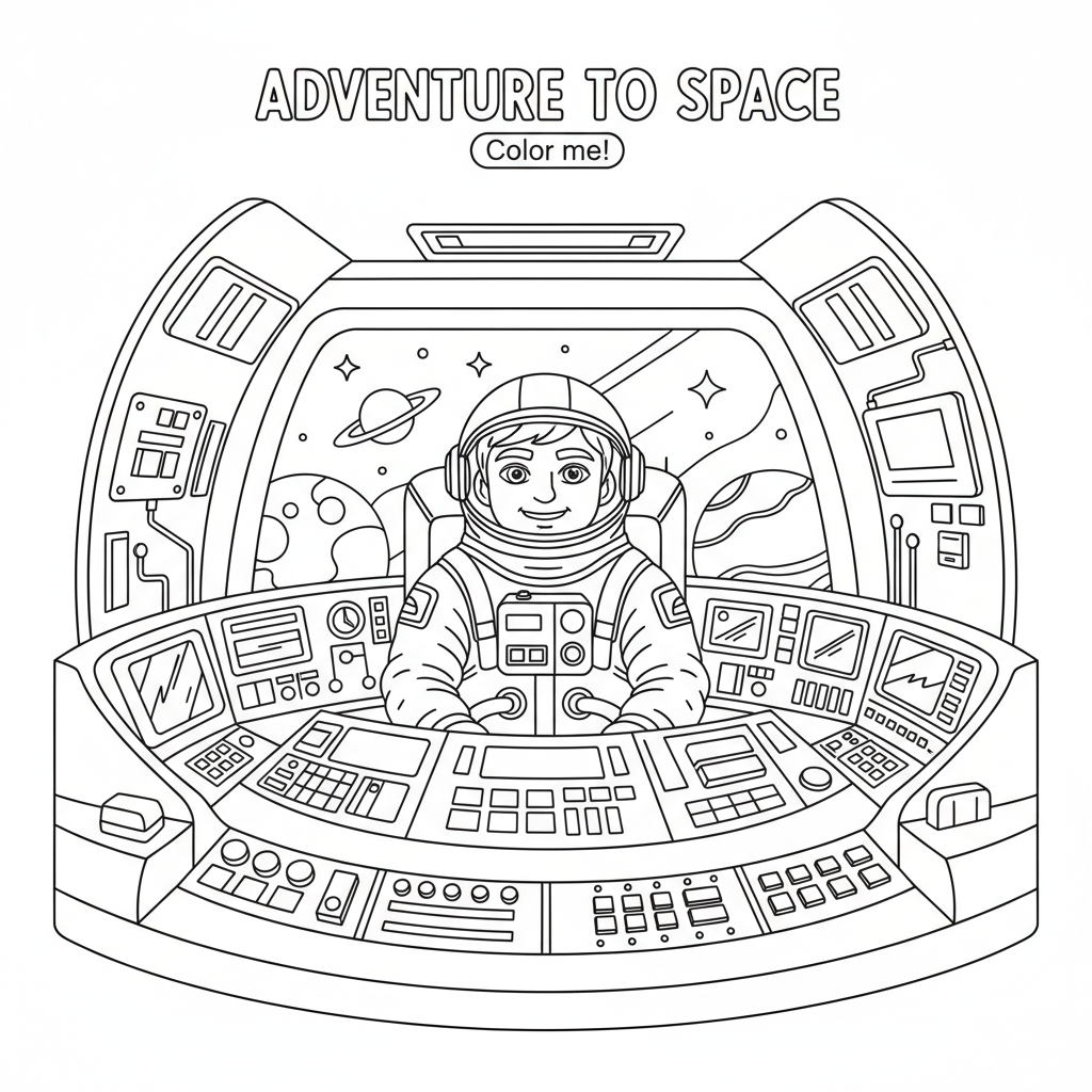 Astronaut inside a spaceship cockpit with complex control panels and displays - Free Printable Coloring Page Astronaut inside a spaceship cockpit with complex control panels and displays - Free Printable Coloring Page