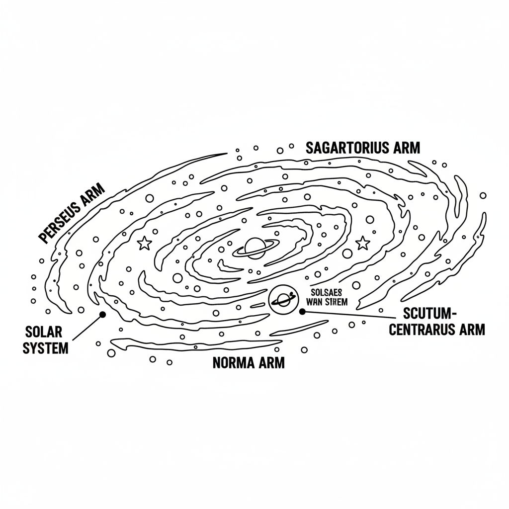 Milky Way galaxy panorama with labeled spiral arms and our solar system position - Free Printable Coloring Page