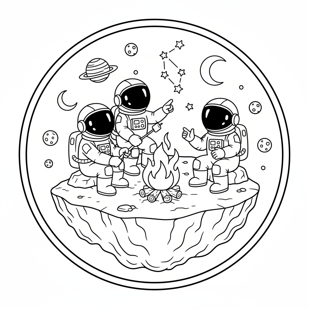 Des astronautes réunis autour d'un feu de camp spatial racontent des histoires sur de petits astéroïdes - Coloriage gratuit à imprimer