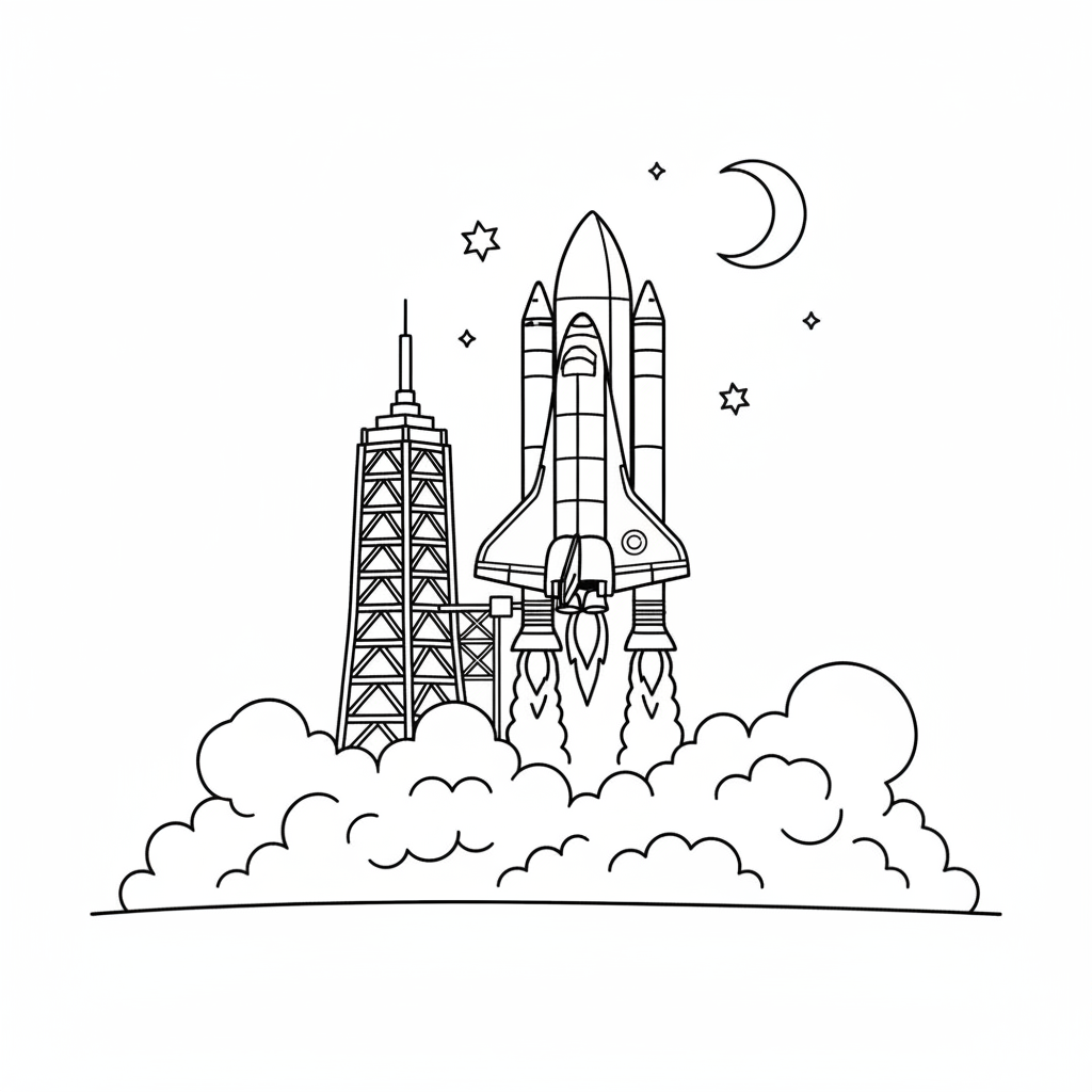 Space shuttle launching from a launch pad with huge smoke clouds - Free Printable Coloring Page Space shuttle launching from a launch pad with huge smoke clouds - Free Printable Coloring Page