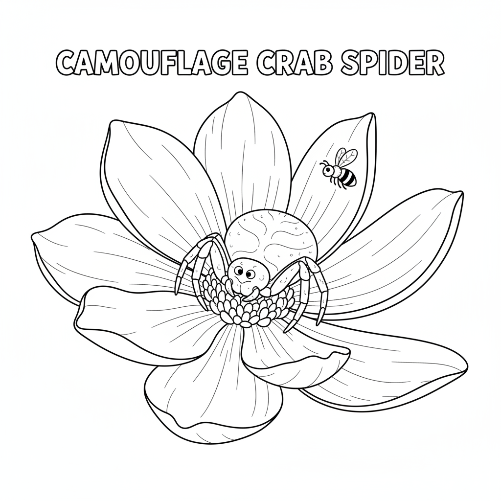 Crab spider camouflaged on flower hunting hiding - Free Printable Coloring Page Crab spider camouflaged on flower hunting hiding - Free Printable Coloring Page