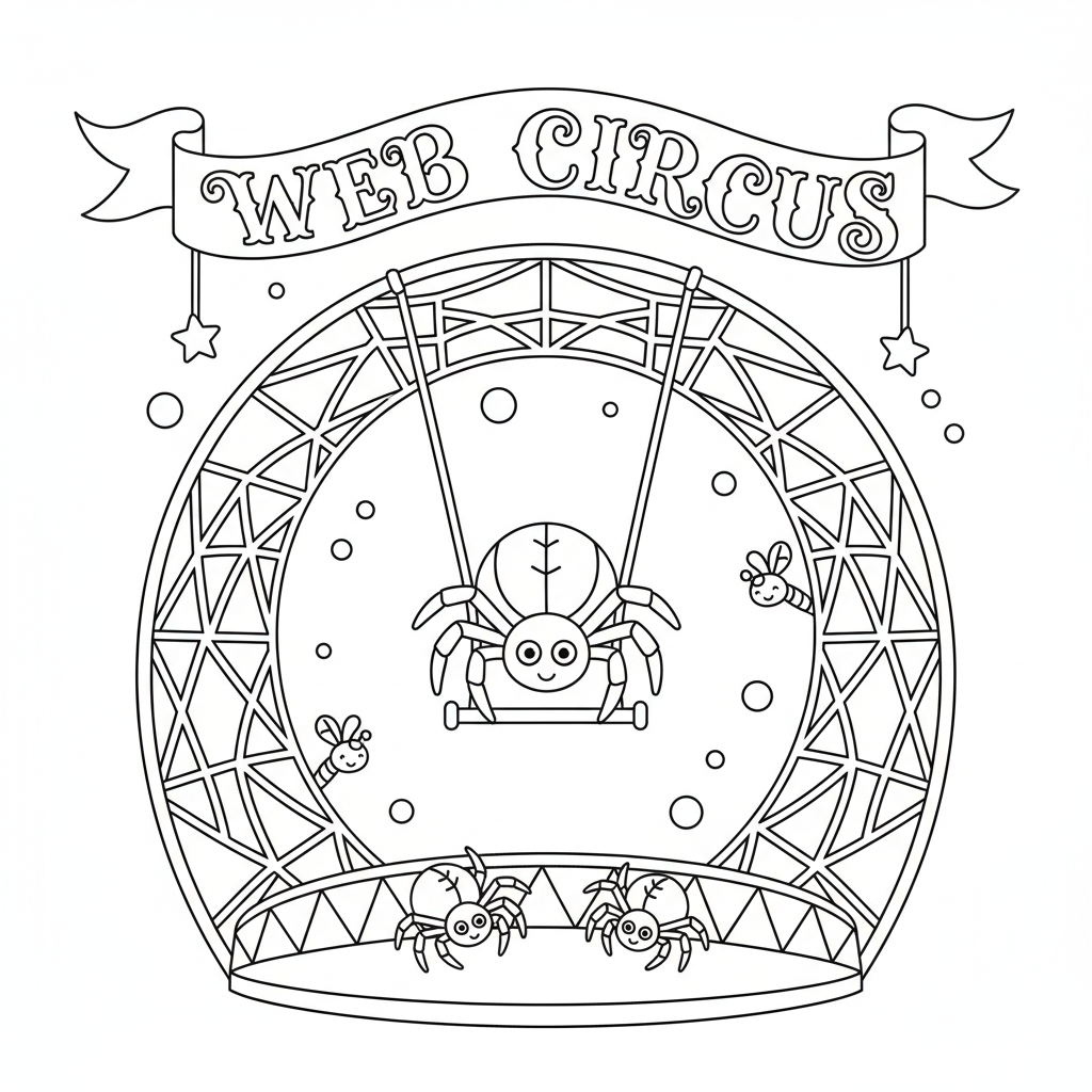 Spider acrobat performing trapeze act web circus show - Free Printable Coloring Page