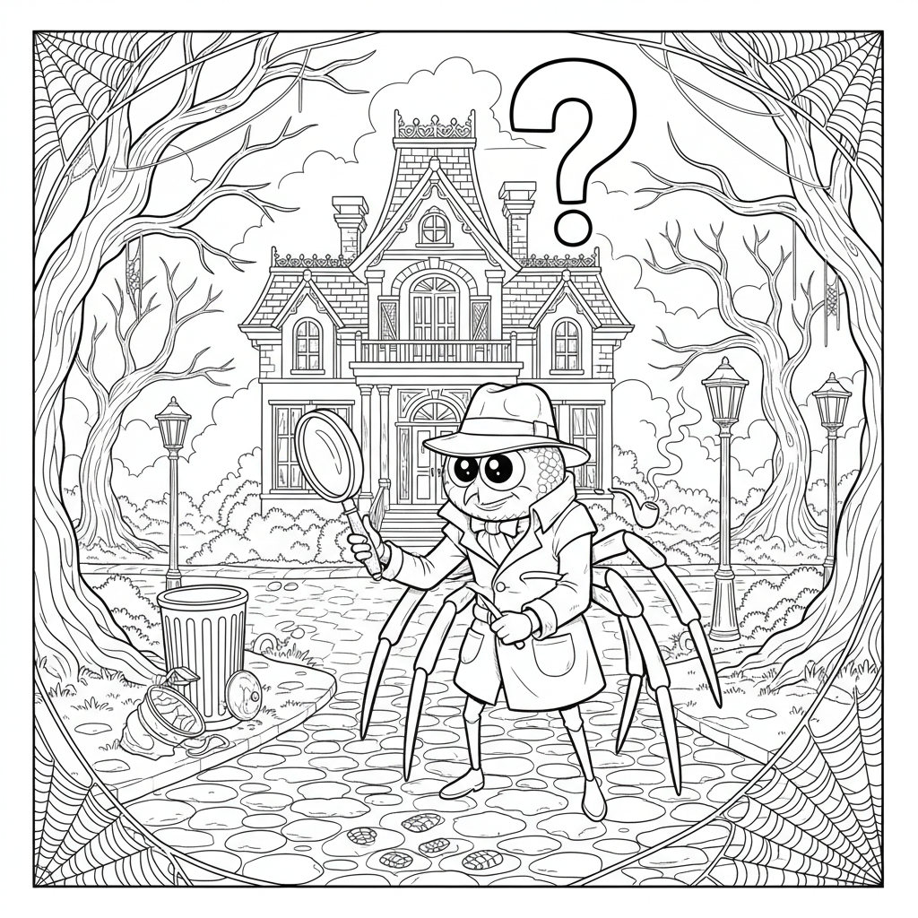 Spider Detective Mystery - Free Printable Coloring Page Spider Detective Mystery - Free Printable Coloring Page