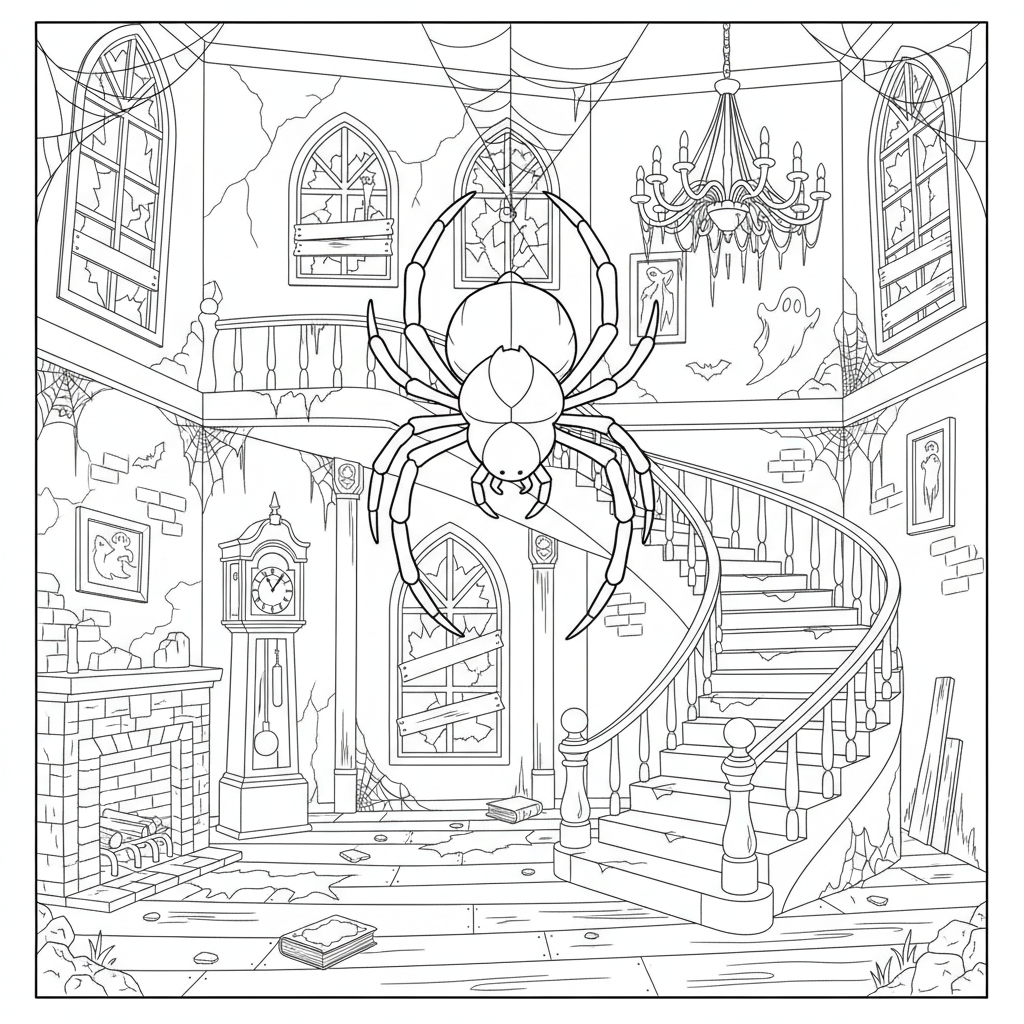 Spider In Haunted House - Free Printable Coloring Page Spider In Haunted House - Free Printable Coloring Page