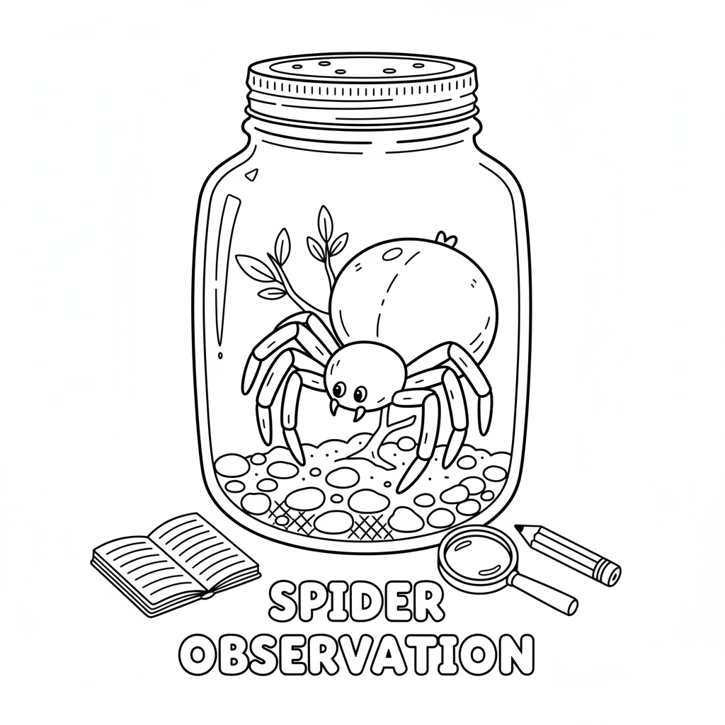 Spider in jar observation science study container - Free Printable Coloring Page Spider in jar observation science study container - Free Printable Coloring Page