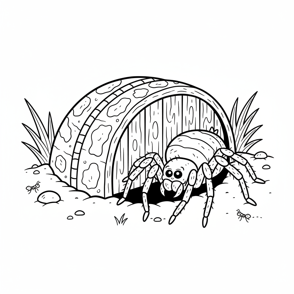 Trapdoor spider burrow entrance ambush predator - Free Printable Coloring Page Trapdoor spider burrow entrance ambush predator - Free Printable Coloring Page