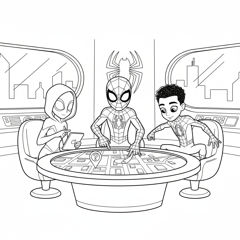 Spidey and friends at headquarters planning mission - Free Printable Coloring Page Spidey and friends at headquarters planning mission - Free Printable Coloring Page