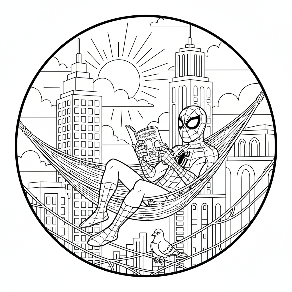 Spidey creating web hammock relaxing between buildings - Free Printable Coloring Page