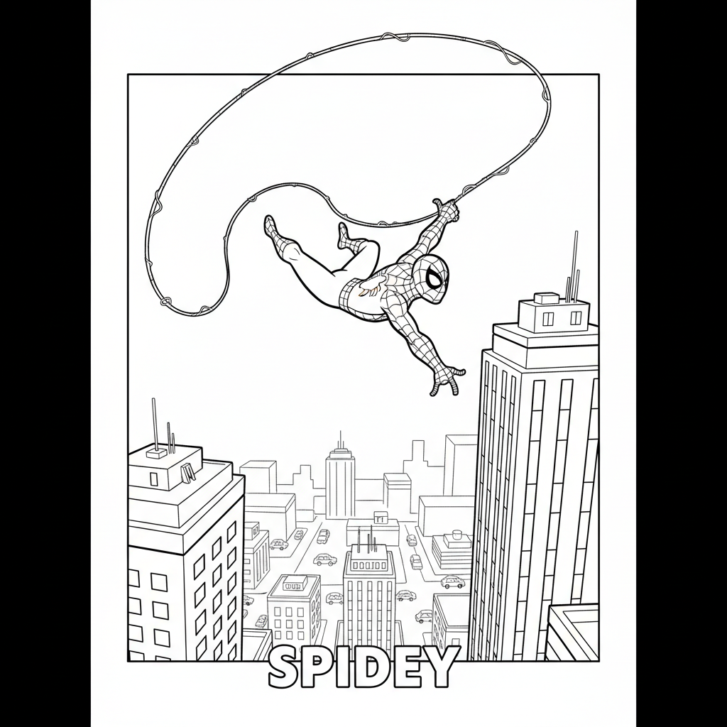 Spidey stürzt sich von einem hohen Gebäude in den freien Fall, während er sich an seinem Netz schwingt. - Kostenloses druckbares Ausmalbild