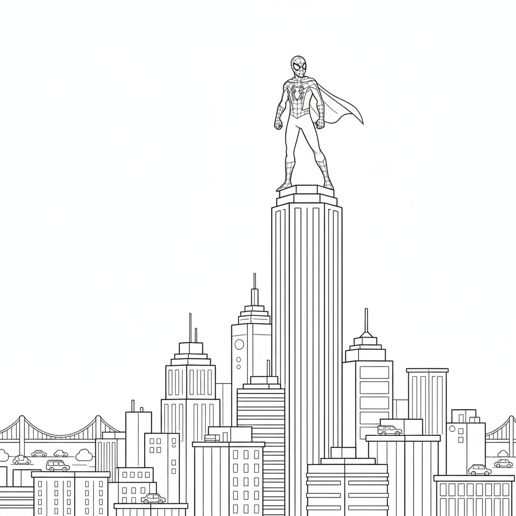 Spidey de pie en el edificio más alto con vistas al protector de la ciudad - Página para colorear gratis