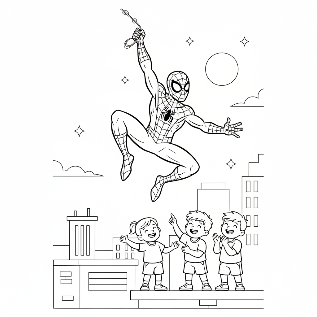 Spidey swinging and waving to kids below friendly - Free Printable Coloring Page