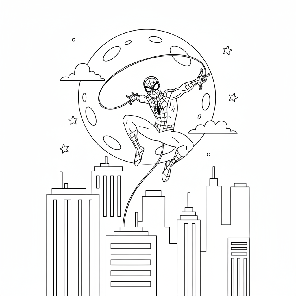 Spidey swinging through city at night with moon behind - Free Printable Coloring Page Spidey swinging through city at night with moon behind - Free Printable Coloring Page