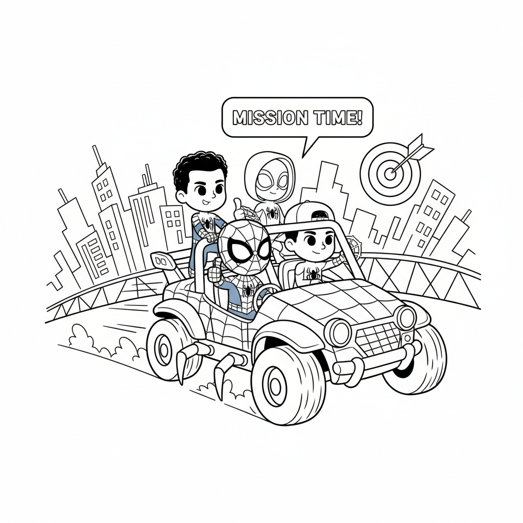 Spidey team riding in spider vehicle on mission - Free Printable Coloring Page Spidey team riding in spider vehicle on mission - Free Printable Coloring Page