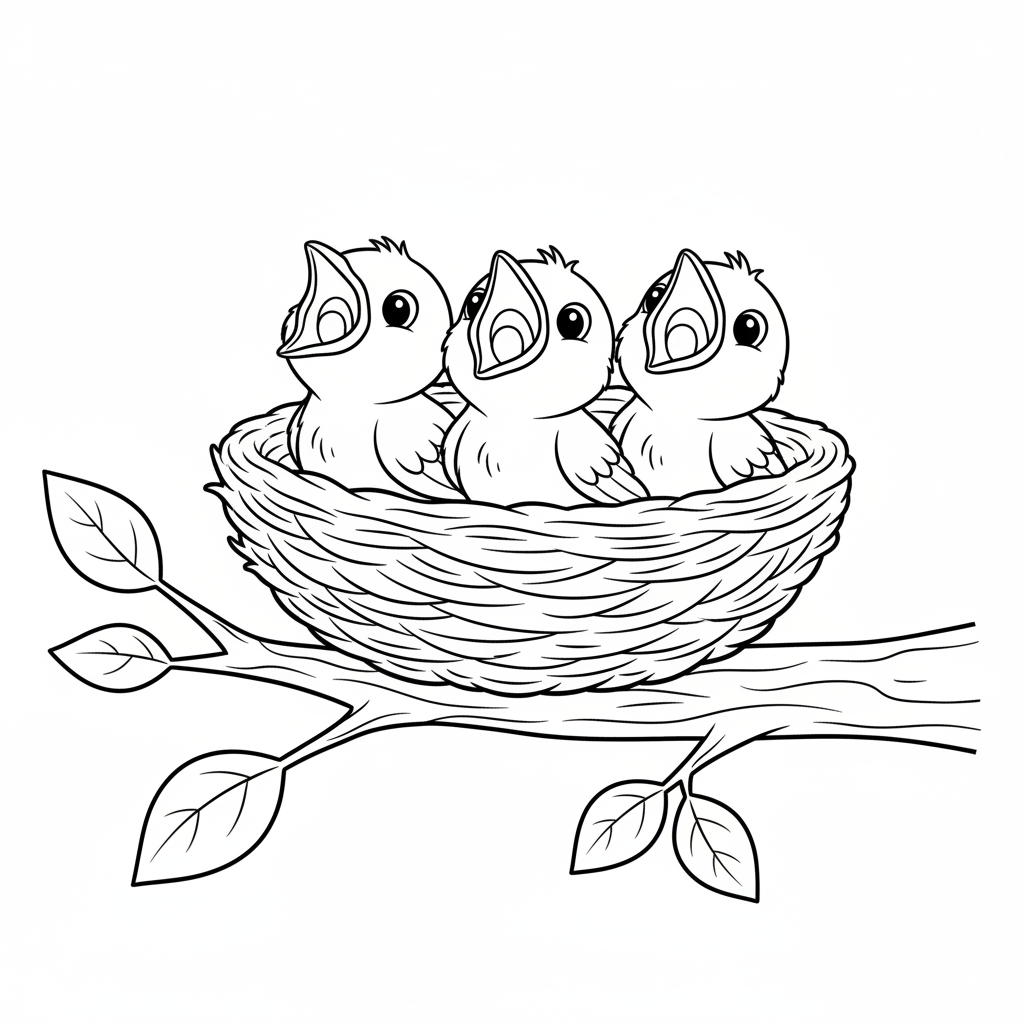 Fågelungar i boet kvittrar hungrigt - Gratis utskrivbar målarbild Fågelungar i boet kvittrar hungrigt - Gratis utskrivbar målarbild