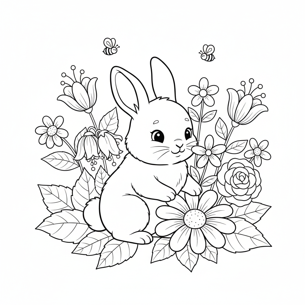 Baby bunny in flower garden adorable - Free Printable Coloring Page Baby bunny in flower garden adorable - Free Printable Coloring Page