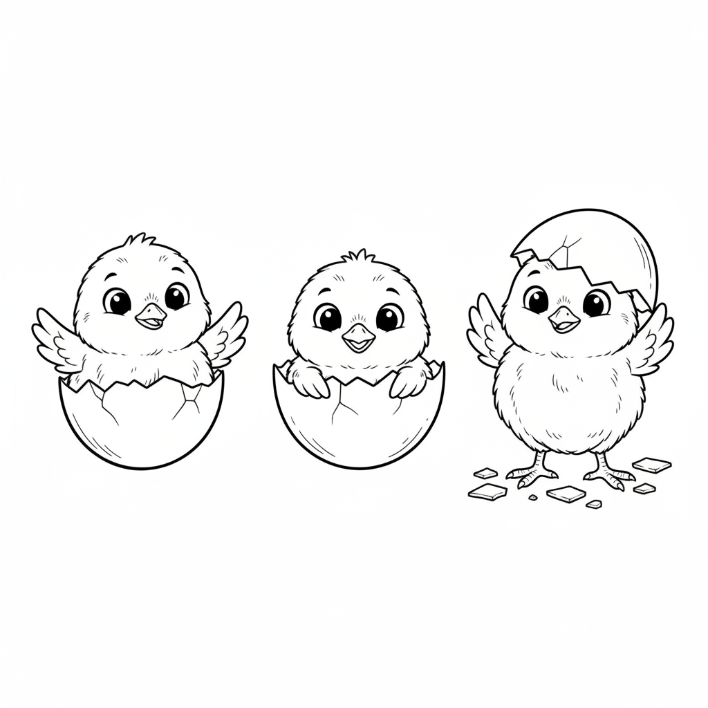 Baby chicks hatching from eggs fluffy - Free Printable Coloring Page Baby chicks hatching from eggs fluffy - Free Printable Coloring Page