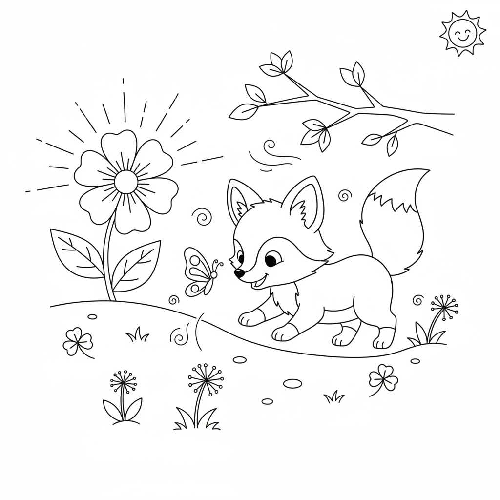 Rävunge leker i vårsolskenet - Gratis utskrivbar målarbild Rävunge leker i vårsolskenet - Gratis utskrivbar målarbild