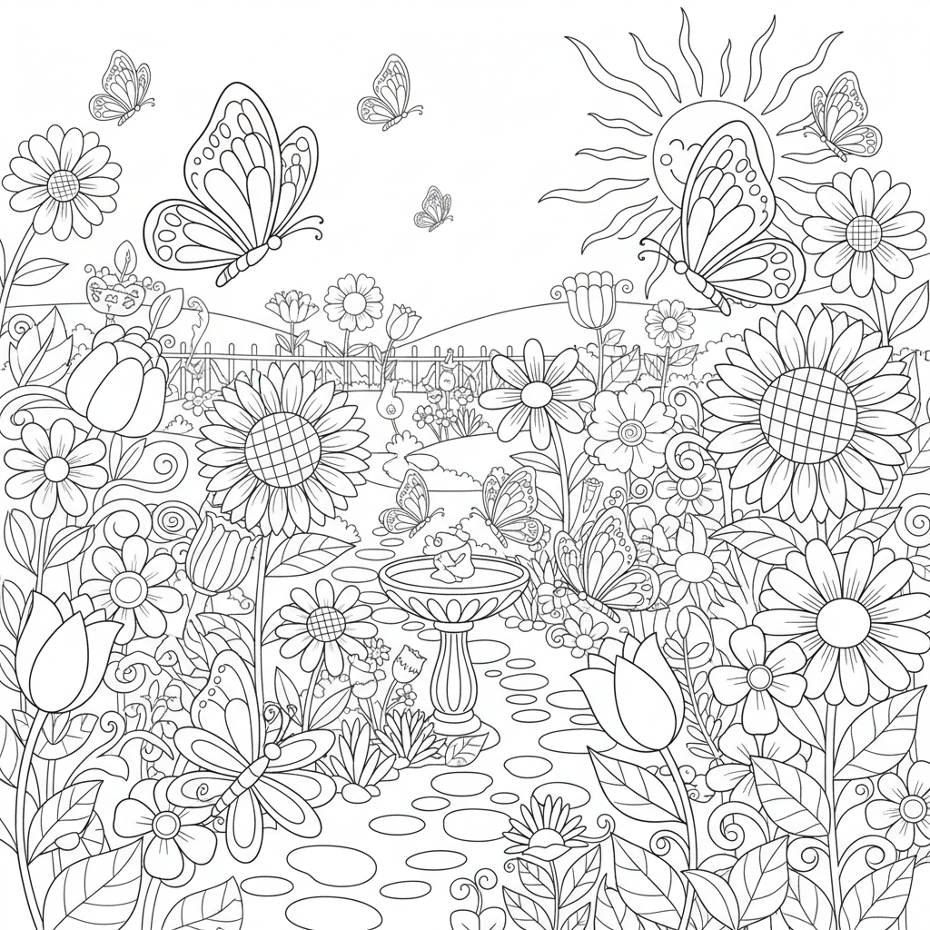 Butterfly garden with many flowers paradise - Free Printable Coloring Page Butterfly garden with many flowers paradise - Free Printable Coloring Page