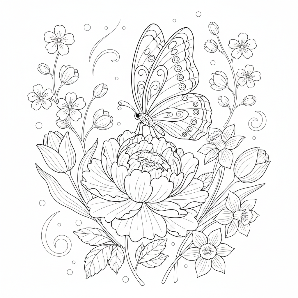 Butterfly On Spring Flower Beautiful - Free Printable Coloring Page Butterfly On Spring Flower Beautiful - Free Printable Coloring Page