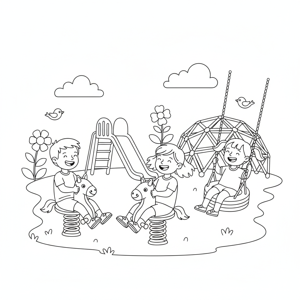 Kinderen spelen op de schommels in de speeltuin. - Gratis afdrukbare kleurplaat Kinderen spelen op de schommels in de speeltuin. - Gratis afdrukbare kleurplaat