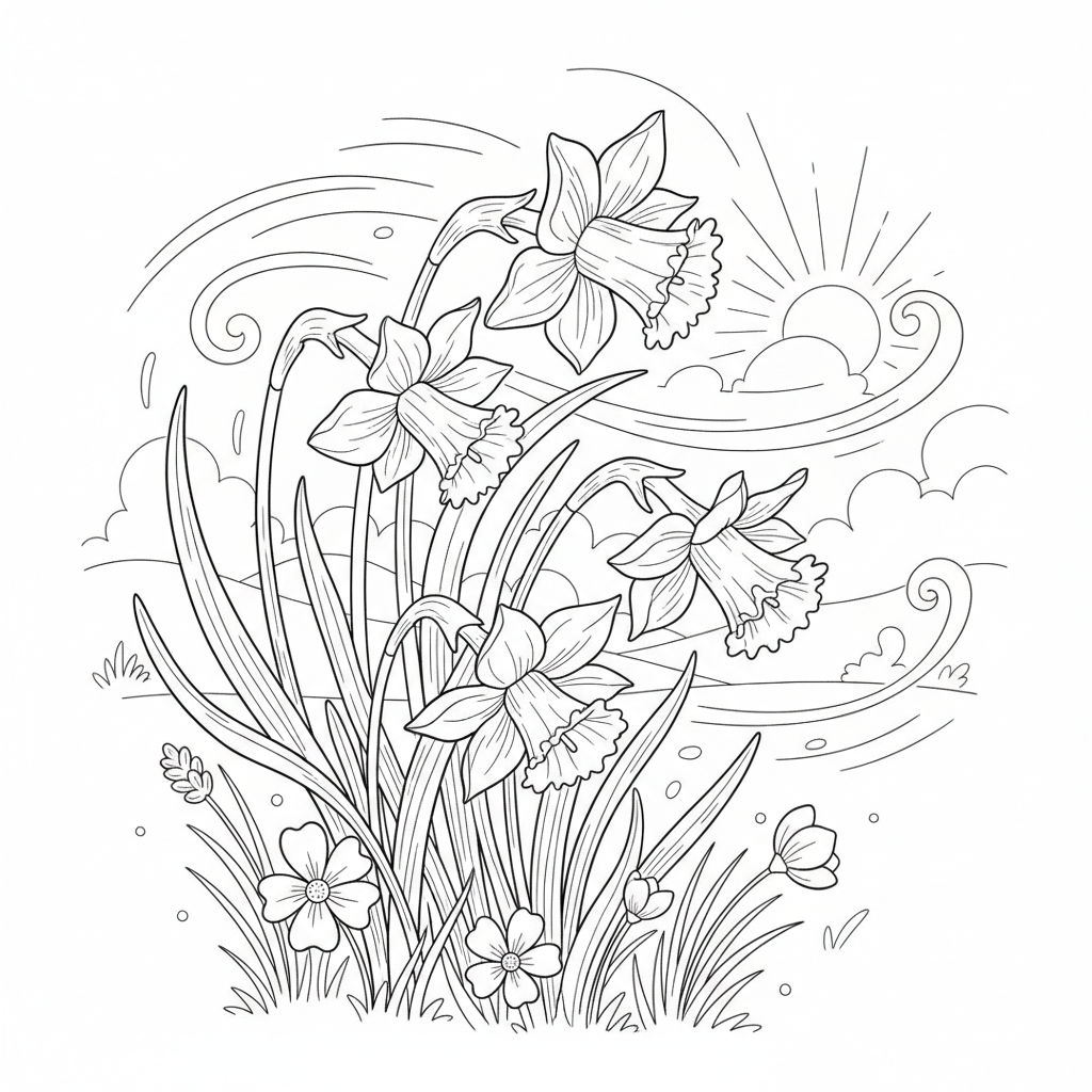 Daffodils Swaying In Spring Breeze - Free Printable Coloring Page Daffodils Swaying In Spring Breeze - Free Printable Coloring Page