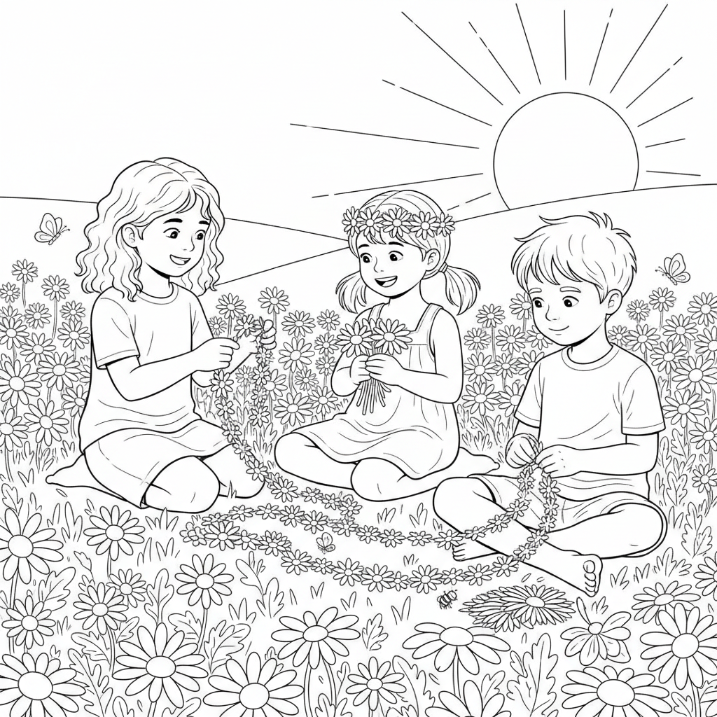 Daisy Chain Crown Making Fun - Free Printable Coloring Page Daisy Chain Crown Making Fun - Free Printable Coloring Page