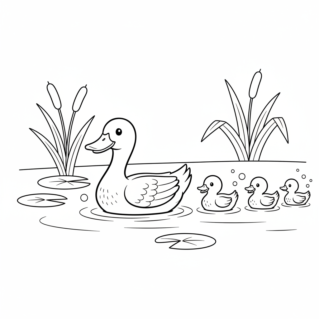 Duckling following mother duck pond - Free Printable Coloring Page Duckling following mother duck pond - Free Printable Coloring Page