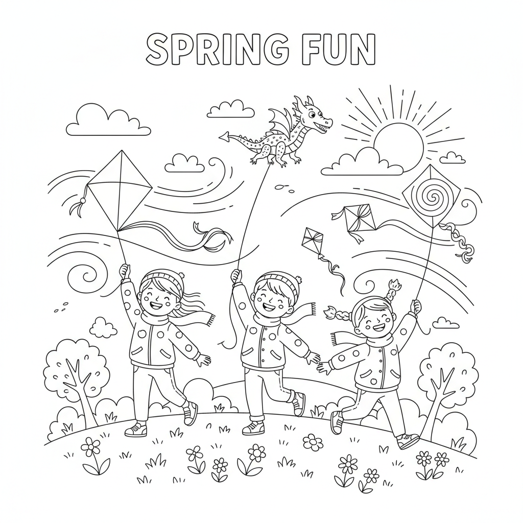 Barn flyger drake på vårdag med blåsigt kul - Gratis utskrivbar målarbild Barn flyger drake på vårdag med blåsigt kul - Gratis utskrivbar målarbild