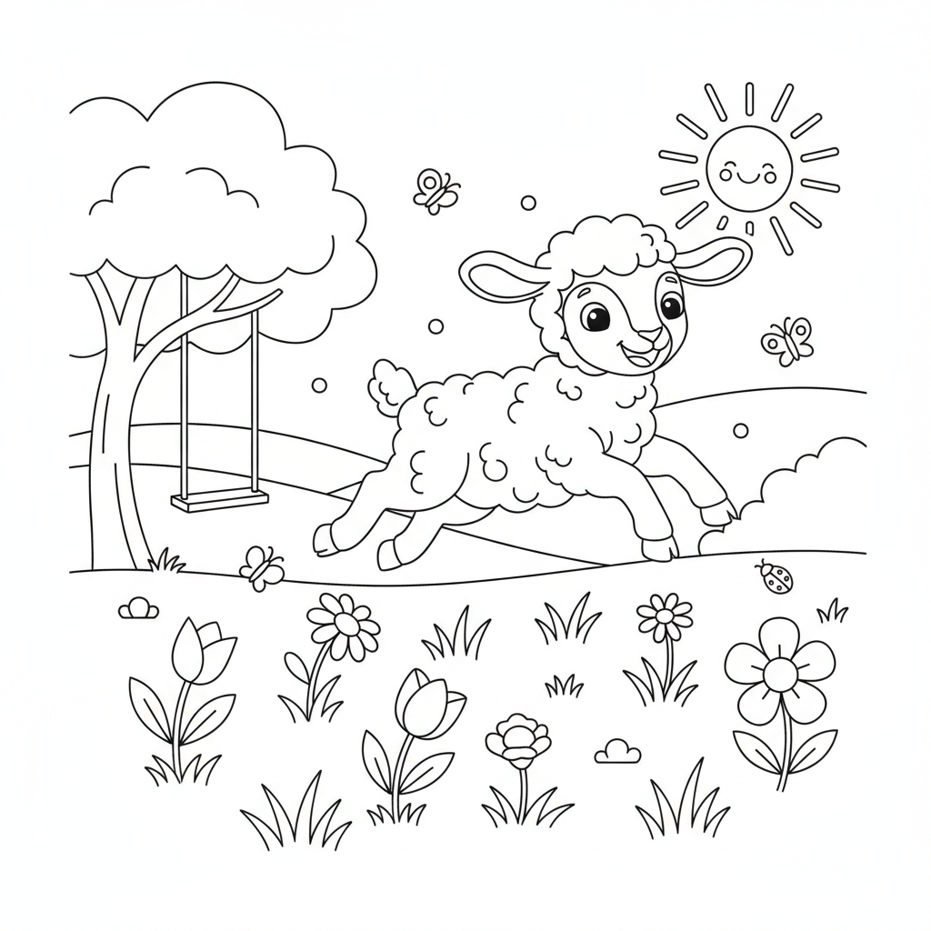 Lamb playing in spring meadow jumping - Free Printable Coloring Page Lamb playing in spring meadow jumping - Free Printable Coloring Page