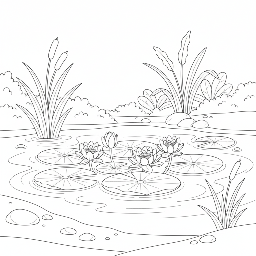 Lily Flowers Near Pond Peaceful - Free Printable Coloring Page Lily Flowers Near Pond Peaceful - Free Printable Coloring Page