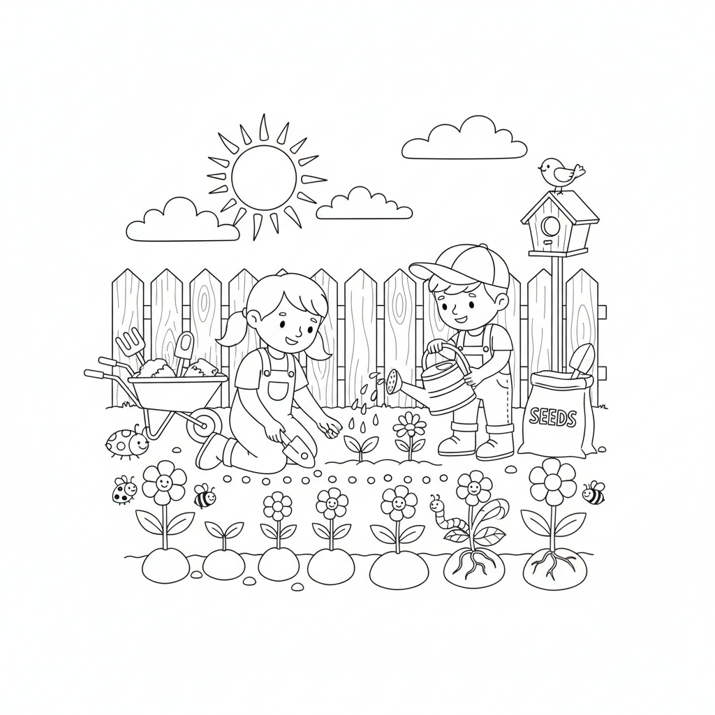 Aussaat im Frühlingsgarten - Kostenloses druckbares Ausmalbild Aussaat im Frühlingsgarten - Kostenloses druckbares Ausmalbild