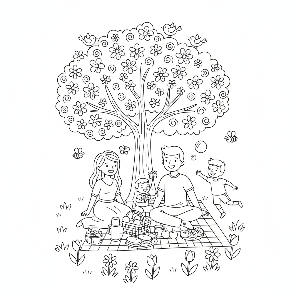 Vårpicknick under blommande trädfamilj - Gratis utskrivbar målarbild Vårpicknick under blommande trädfamilj - Gratis utskrivbar målarbild