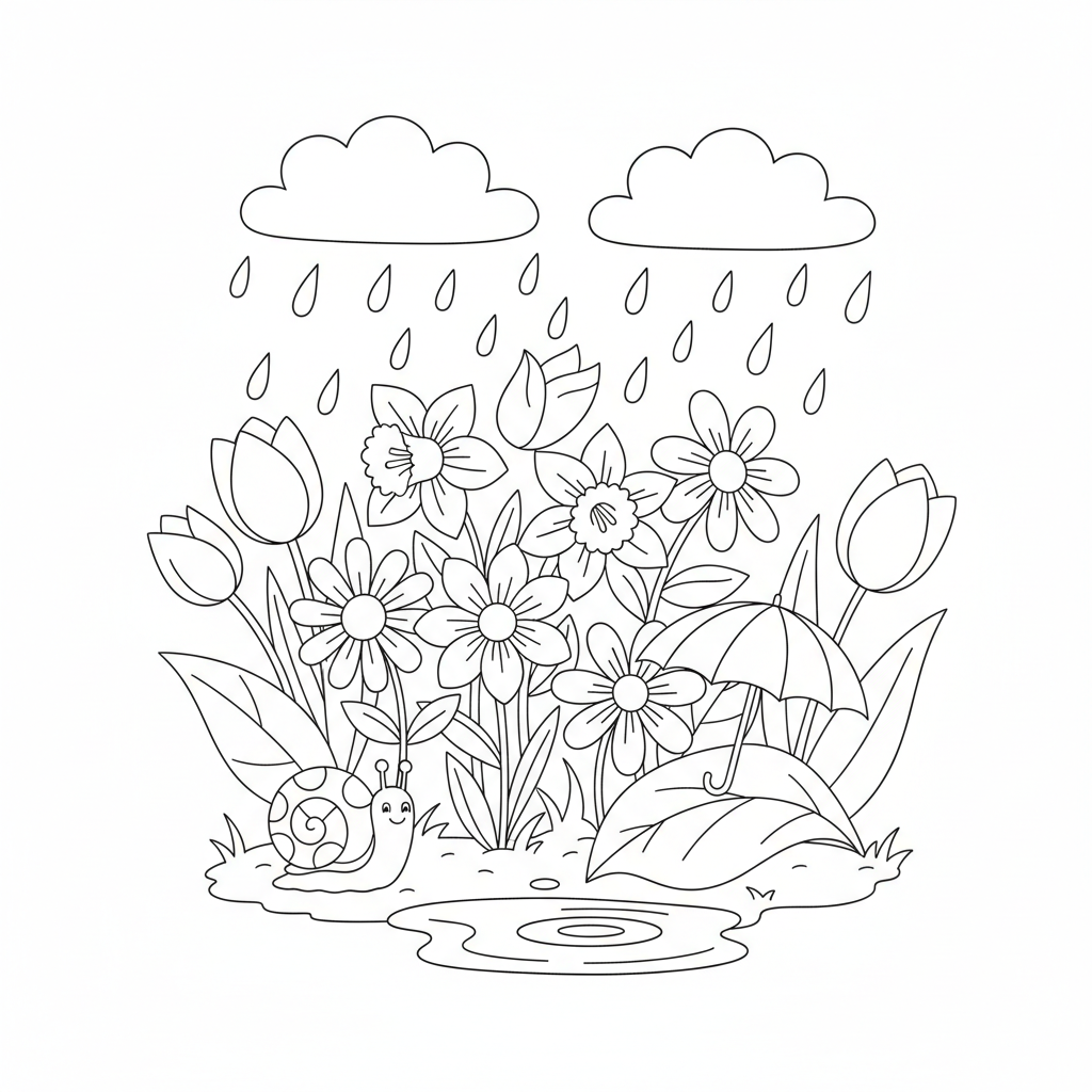 Spring rain falling on flowers gentle - Free Printable Coloring Page Spring rain falling on flowers gentle - Free Printable Coloring Page