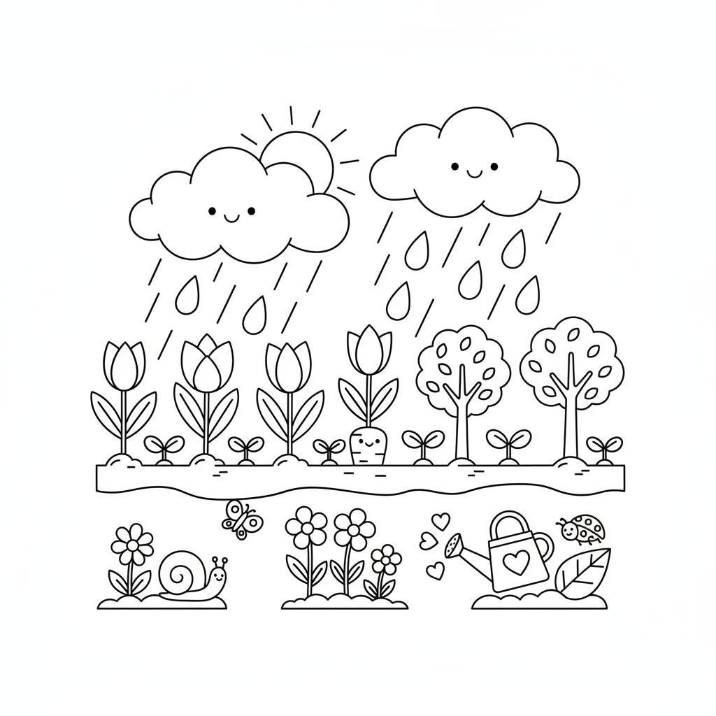 Frühlingsschauer bewässern die im Garten wachsenden Pflanzen - Kostenloses druckbares Ausmalbild Frühlingsschauer bewässern die im Garten wachsenden Pflanzen - Kostenloses druckbares Ausmalbild