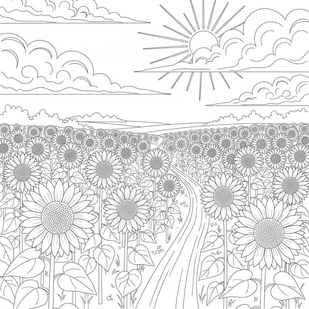 Champ de tournesols sous un ciel bleu - Coloriage gratuit à imprimer Champ de tournesols sous un ciel bleu - Coloriage gratuit à imprimer
