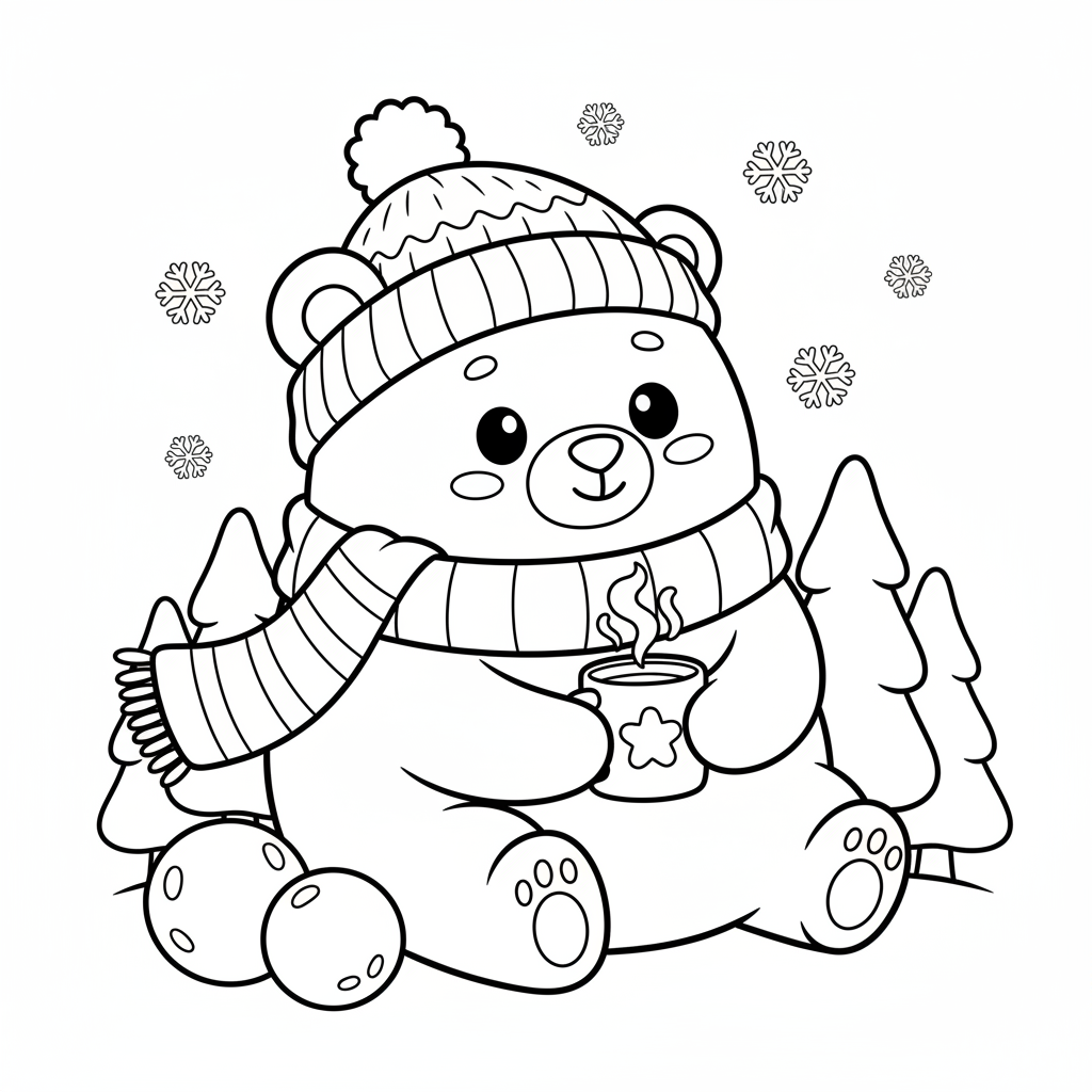 A cute squishy plush bear character in winter hat and scarf cozy - Free Printable Coloring Page