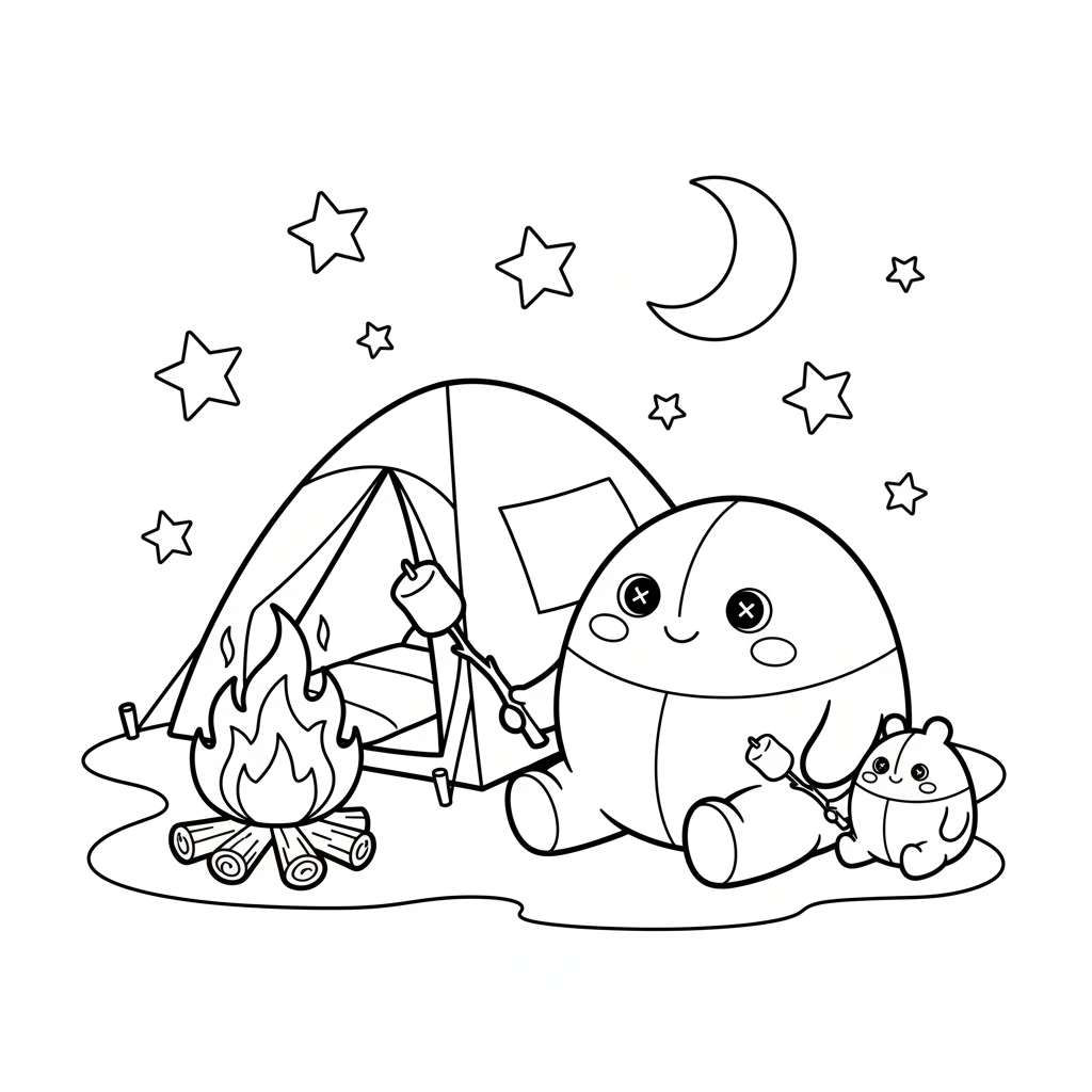 Un malvavisco redondo de peluche con forma de personaje acampando bajo las estrellas en una tienda de campaña. - Página para colorear gratis
