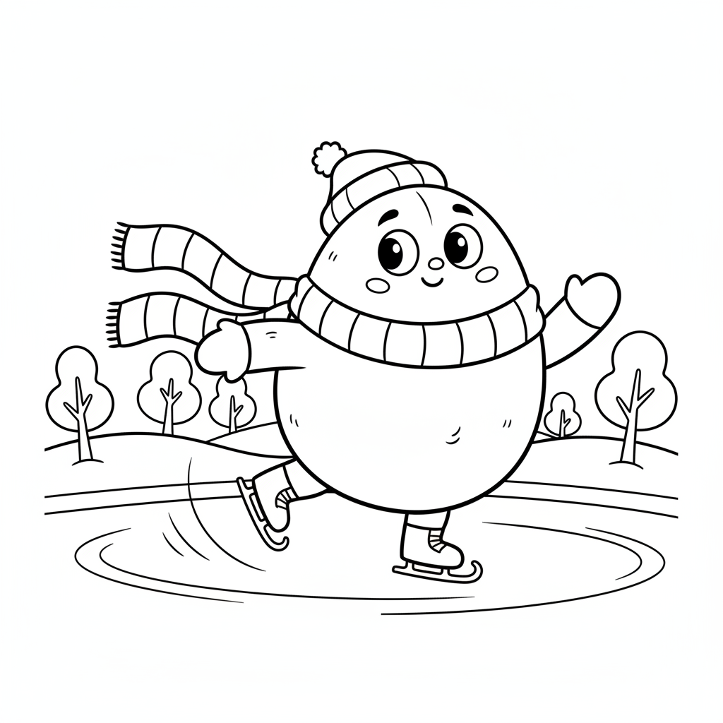 Un personaggio rotondo di peluche che pattina sul ghiaccio con una sciarpa invernale ondeggiante e carina - Free Printable Coloring Page