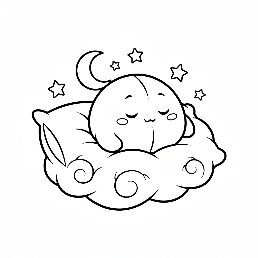 Un personaggio di peluche rotondo che dorme su un soffice cuscino a forma di nuvola durante la notte - Free Printable Coloring Page