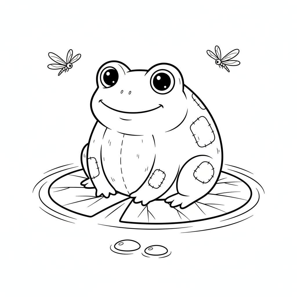 Een rond pluche kikkerfiguurtje zittend op een lelieblad - Gratis afdrukbare kleurplaat Een rond pluche kikkerfiguurtje zittend op een lelieblad - Gratis afdrukbare kleurplaat