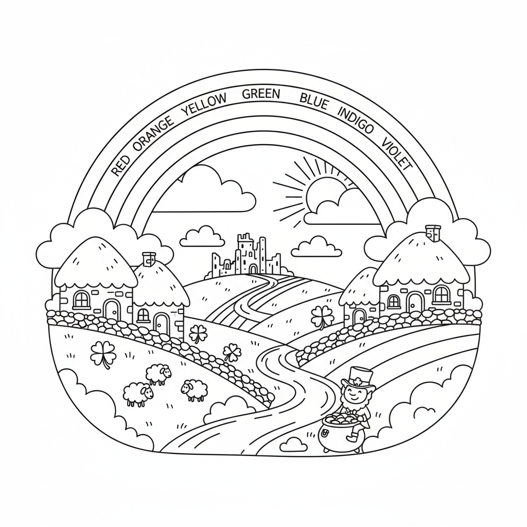 Bright rainbow arching over Irish countryside landscape - Free Printable Coloring Page Bright rainbow arching over Irish countryside landscape - Free Printable Coloring Page