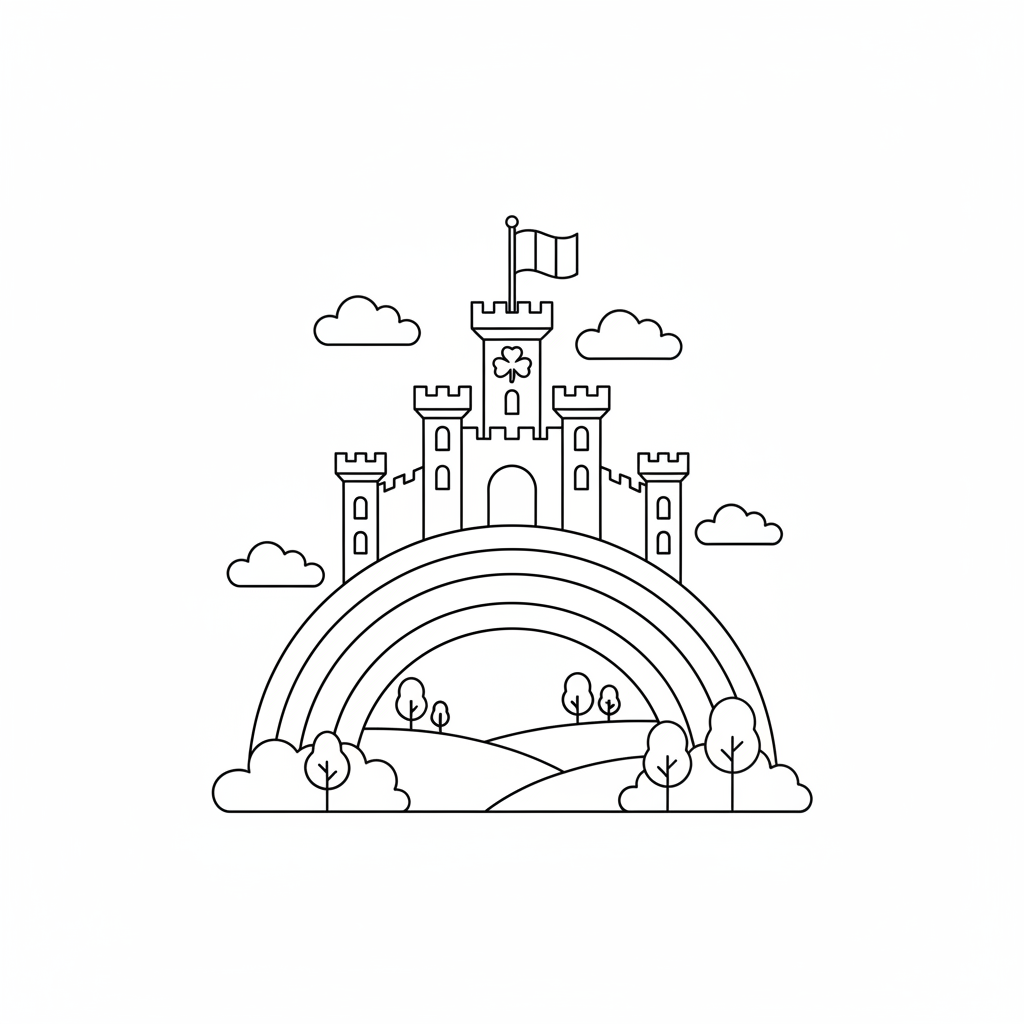 Castle end of rainbow Irish flag flying fortress - Free Printable Coloring Page Castle end of rainbow Irish flag flying fortress - Free Printable Coloring Page