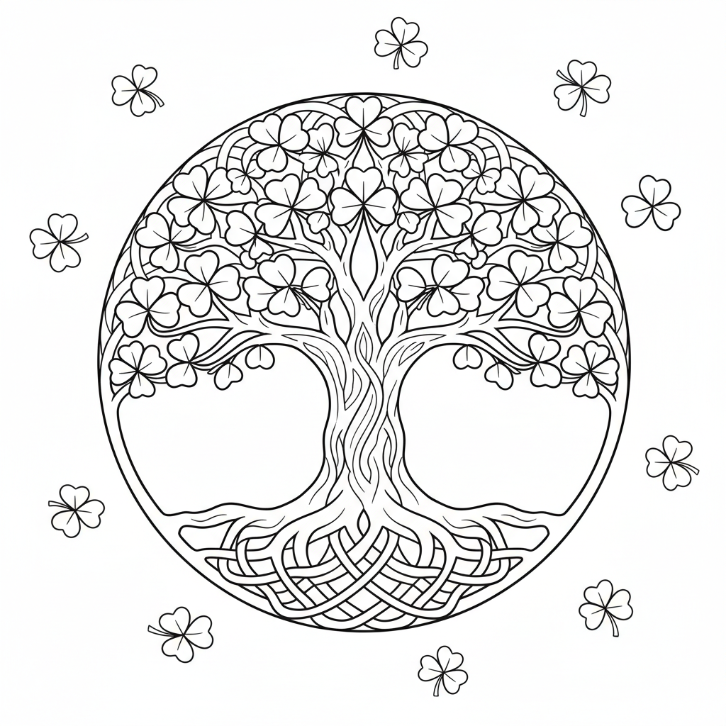 Celtic tree of life shamrock leaves throughout - Free Printable Coloring Page Celtic tree of life shamrock leaves throughout - Free Printable Coloring Page