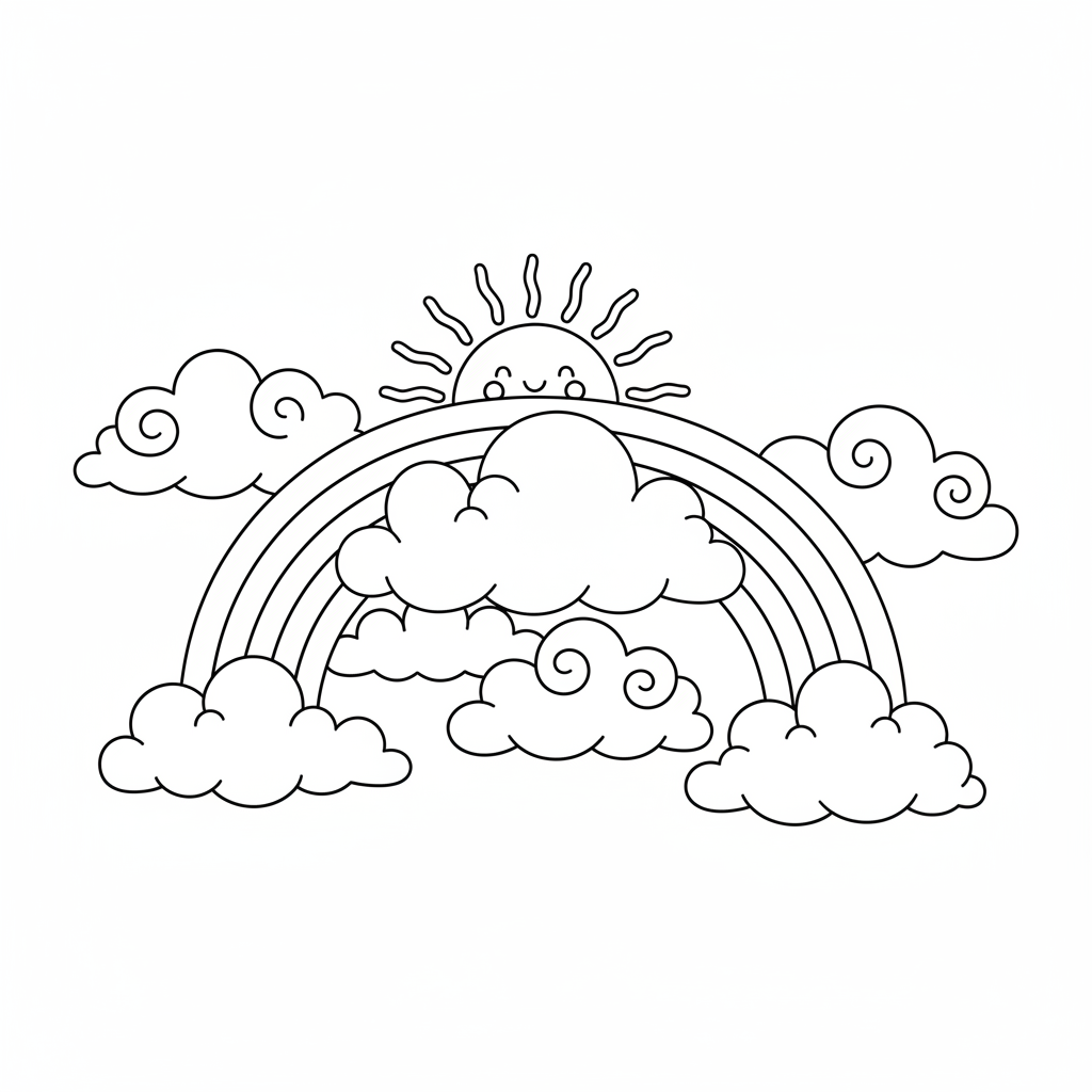 Double arc-en-ciel, nuages duveteux, soleil perçant le ciel - Coloriage gratuit à imprimer Double arc-en-ciel, nuages duveteux, soleil perçant le ciel - Coloriage gratuit à imprimer