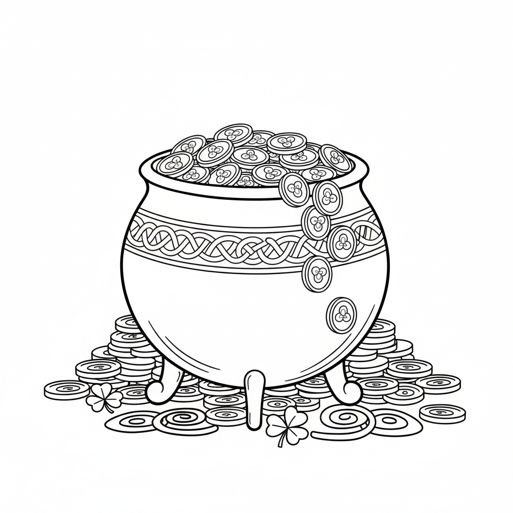 Gold coins spilling cauldron celtic designs treasure - Free Printable Coloring Page Gold coins spilling cauldron celtic designs treasure - Free Printable Coloring Page