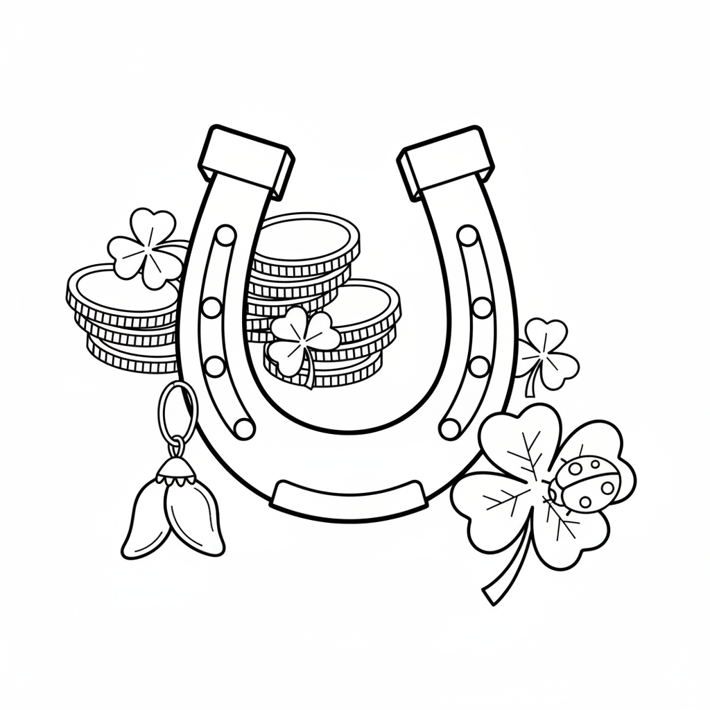 Gold horseshoe surrounded lucky coins clovers charm - Free Printable Coloring Page Gold horseshoe surrounded lucky coins clovers charm - Free Printable Coloring Page