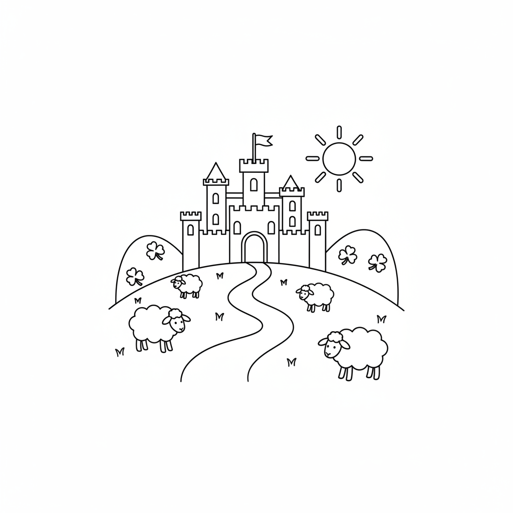 Irish castle green hill sheep grazing nearby scenic - Free Printable Coloring Page Irish castle green hill sheep grazing nearby scenic - Free Printable Coloring Page