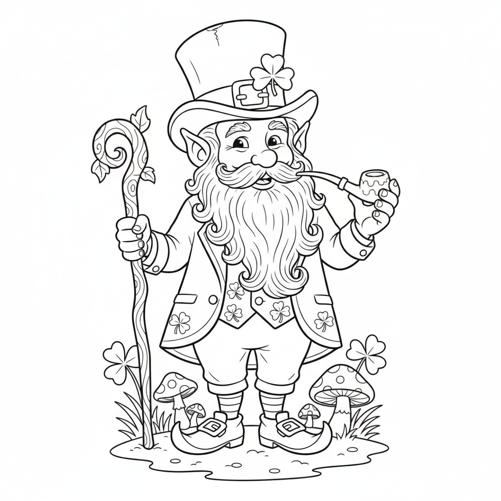 Leprechaun With Long Beard Holding Walking Stick And Pipe - Free Printable Coloring Page Leprechaun With Long Beard Holding Walking Stick And Pipe - Free Printable Coloring Page