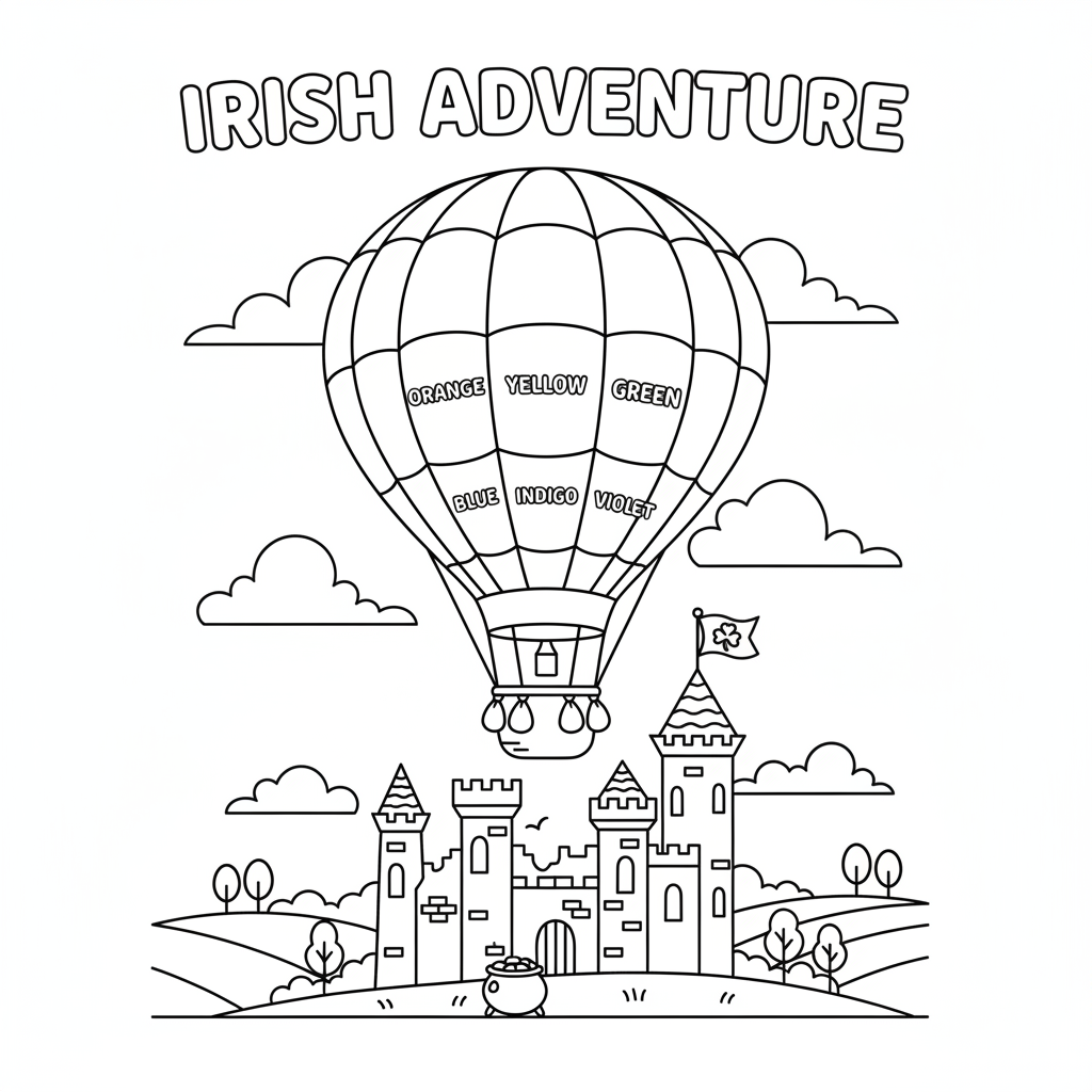Mongolfiera color arcobaleno sopra un castello irlandese - Disegno da colorare gratuito Mongolfiera color arcobaleno sopra un castello irlandese - Disegno da colorare gratuito